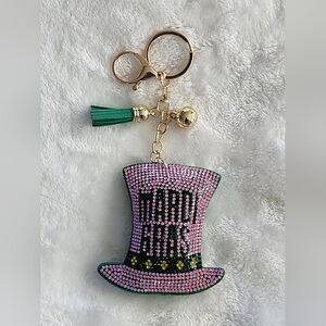 Mardi Gras Pink and Green Hat Keychain with Gold Accents Bag Charm